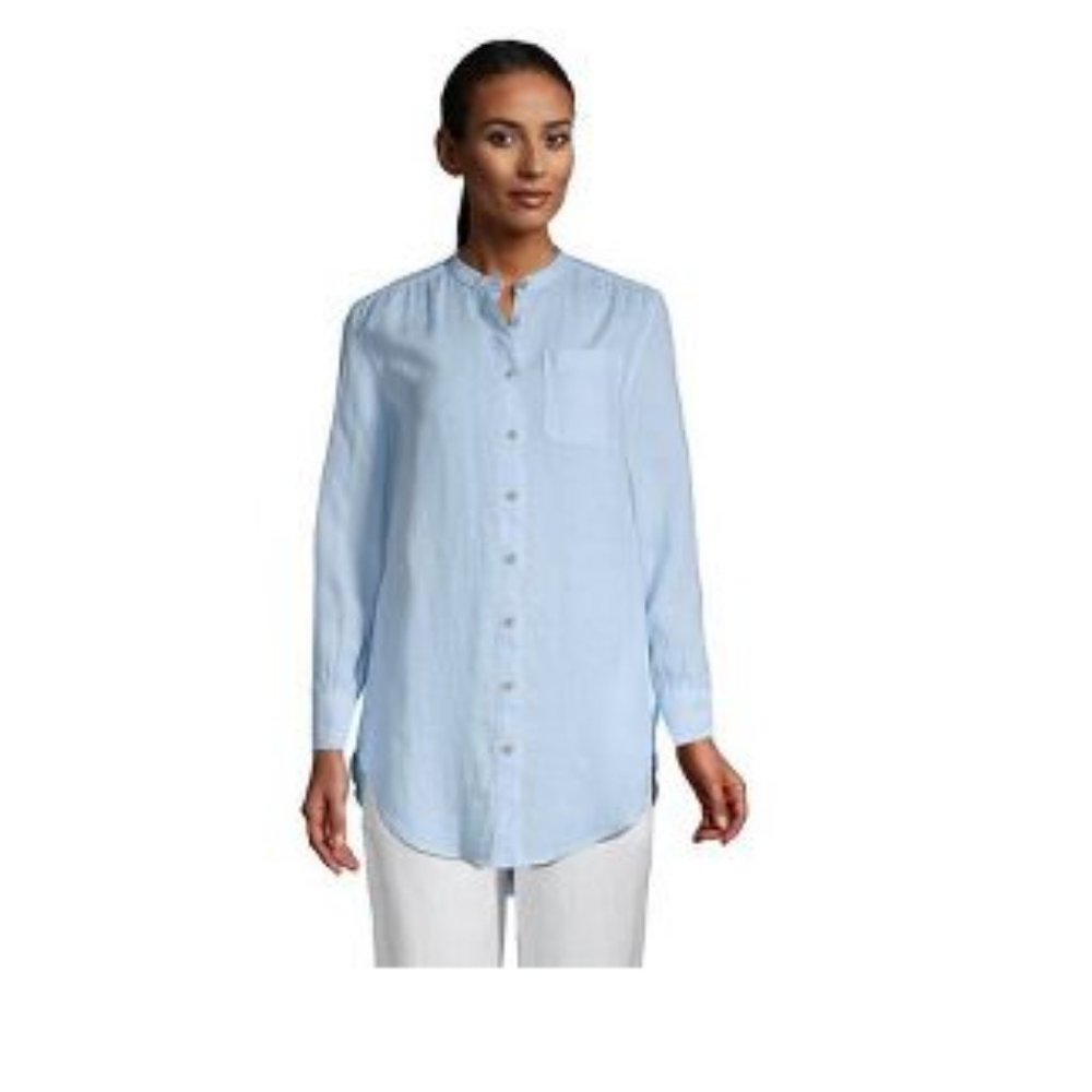 NWT‎ LANDS' END PETITE LONG SLEEVE POPLIN BUTTON TUNIC SOFT SKY BLUE 18P